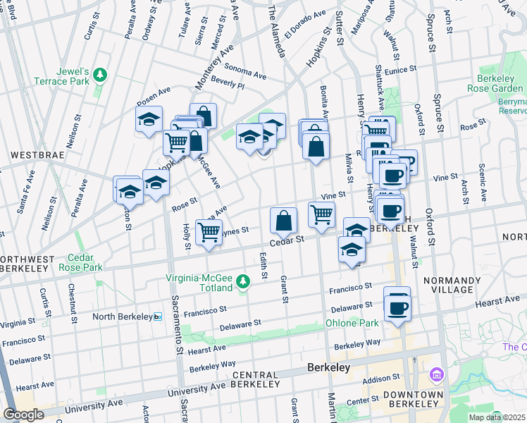 map of restaurants, bars, coffee shops, grocery stores, and more near 1505 Edith Street in Berkeley