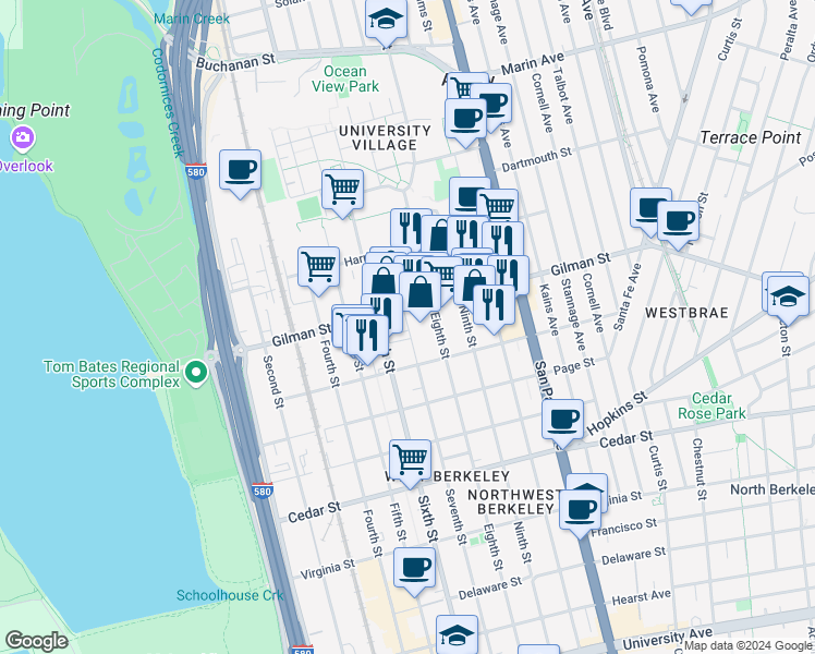map of restaurants, bars, coffee shops, grocery stores, and more near 1331 7th Street in Berkeley