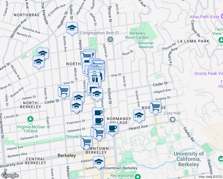 map of restaurants, bars, coffee shops, grocery stores, and more near 1555 Oxford Street in Berkeley