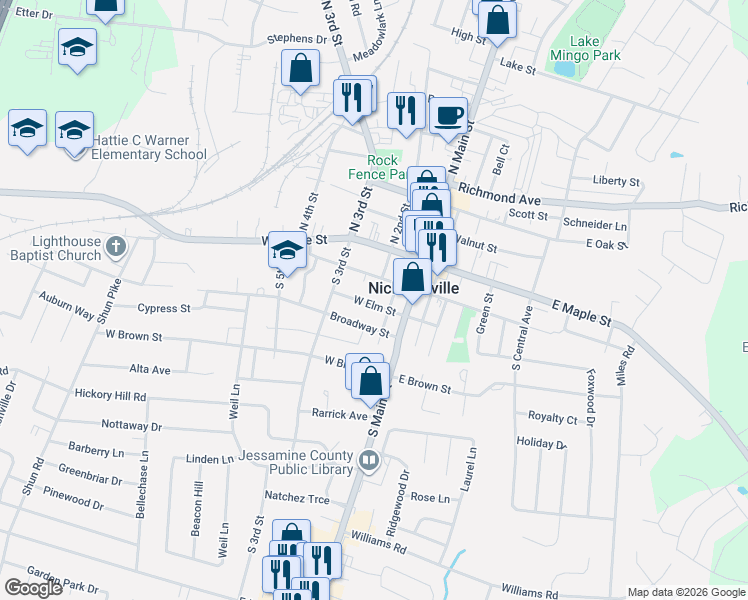 map of restaurants, bars, coffee shops, grocery stores, and more near 201 South 1st Street in Nicholasville