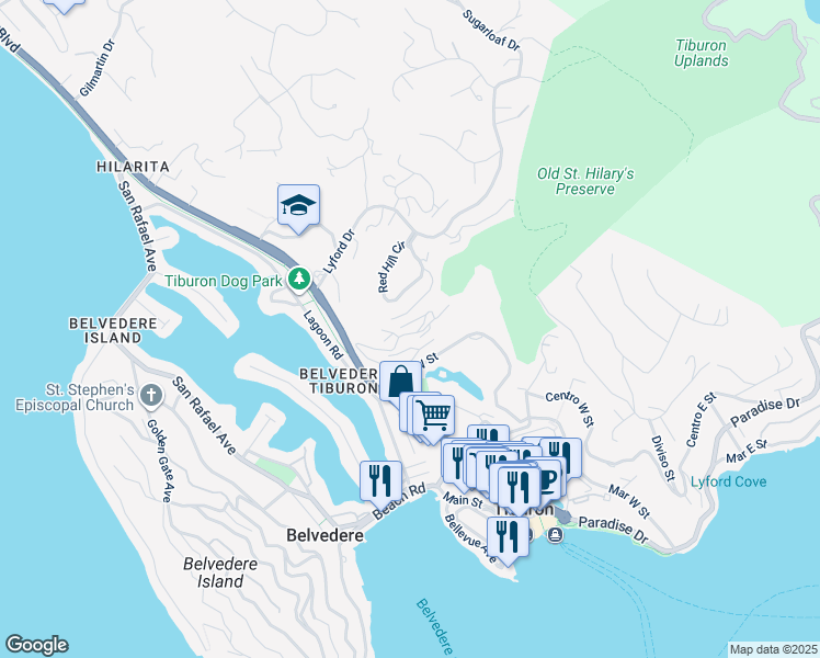map of restaurants, bars, coffee shops, grocery stores, and more near 66 Red Hill Circle in Tiburon