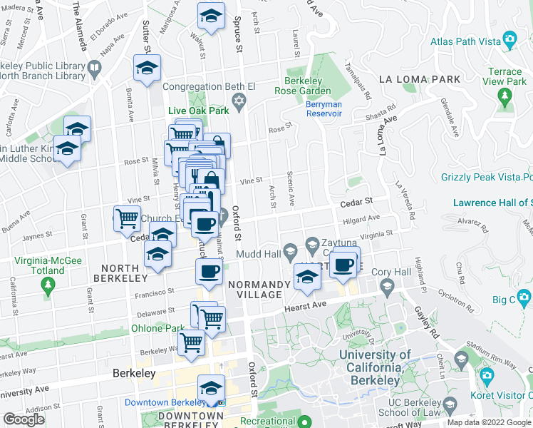 map of restaurants, bars, coffee shops, grocery stores, and more near 1532 Arch Street in Berkeley