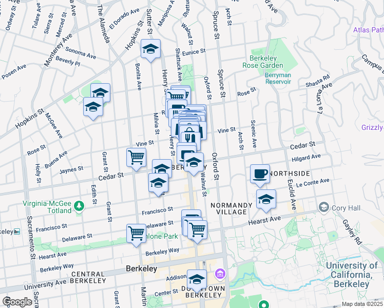 map of restaurants, bars, coffee shops, grocery stores, and more near 1536 Shattuck Avenue in Berkeley