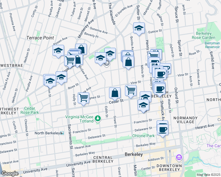 map of restaurants, bars, coffee shops, grocery stores, and more near 1433 Edith Street in Berkeley