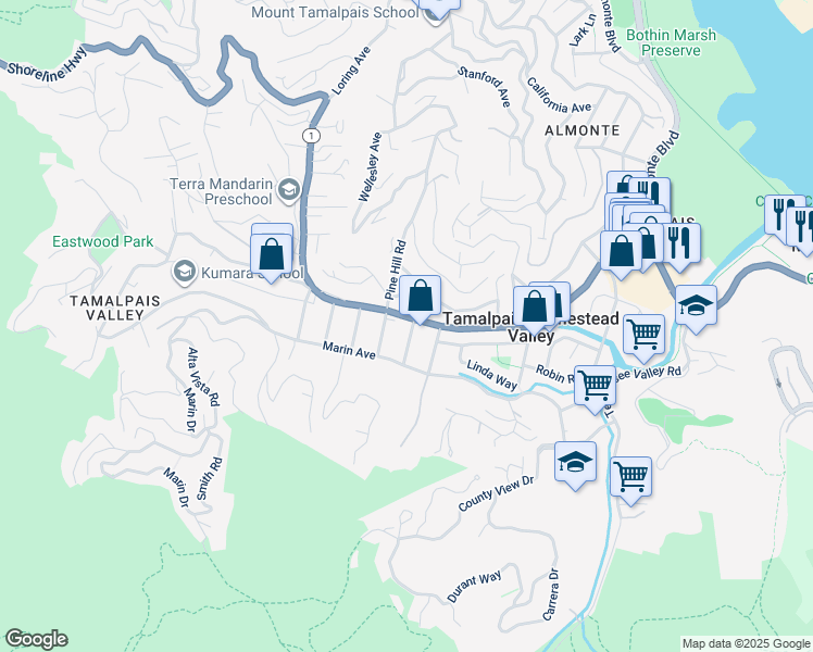 map of restaurants, bars, coffee shops, grocery stores, and more near in Tamalpais-Homestead Valley