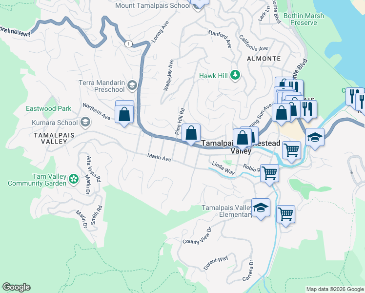 map of restaurants, bars, coffee shops, grocery stores, and more near in Tamalpais-Homestead Valley