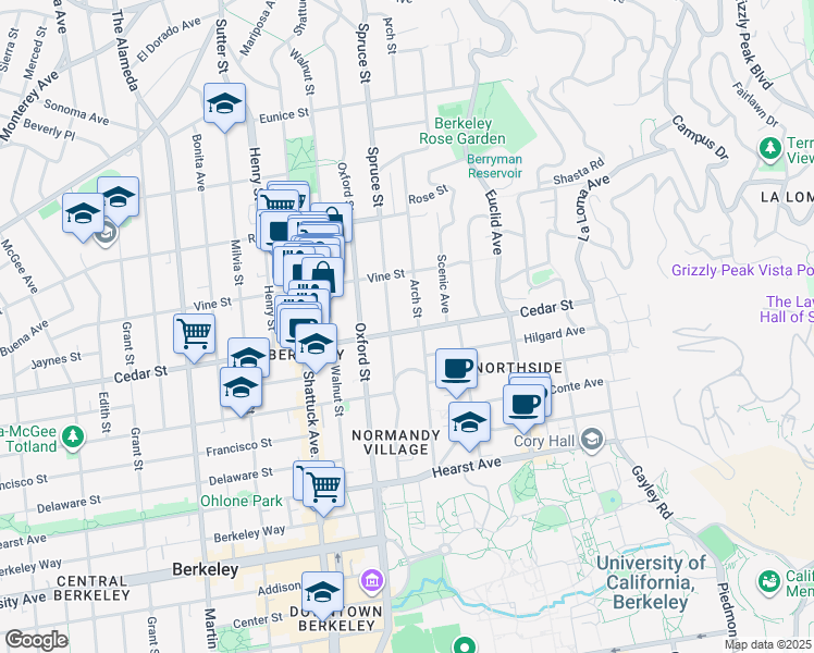 map of restaurants, bars, coffee shops, grocery stores, and more near 2275 Cedar Street in Berkeley