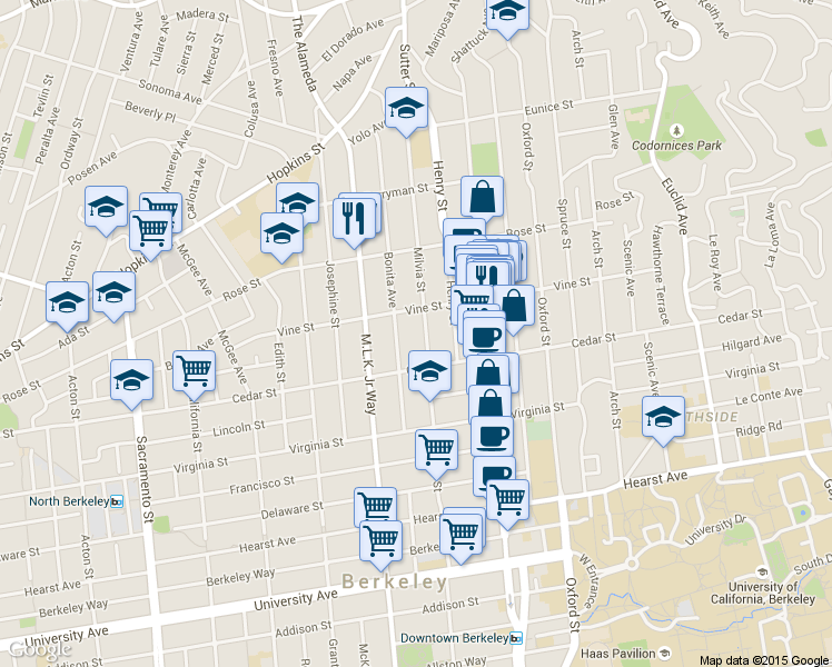 map of restaurants, bars, coffee shops, grocery stores, and more near 1930 Vine Street in Berkeley