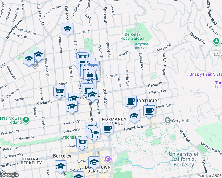 map of restaurants, bars, coffee shops, grocery stores, and more near 1544 Spruce Street in Berkeley