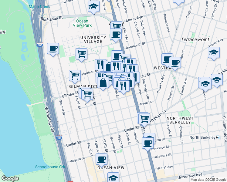 map of restaurants, bars, coffee shops, grocery stores, and more near 1300 Tenth Street in Berkeley