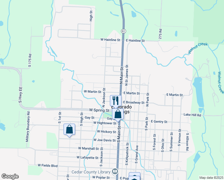 map of restaurants, bars, coffee shops, grocery stores, and more near 116 West Walnut Street in El Dorado Springs