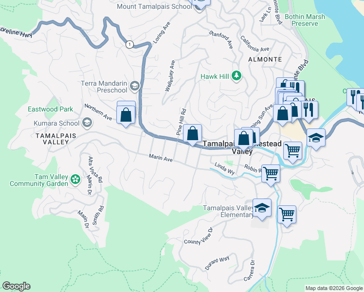map of restaurants, bars, coffee shops, grocery stores, and more near in Tamalpais-Homestead Valley