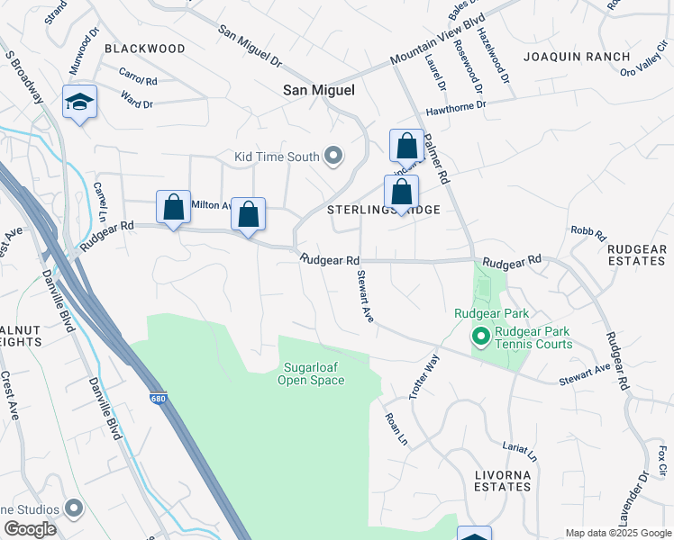 map of restaurants, bars, coffee shops, grocery stores, and more near 1287 Rudgear Road in Walnut Creek