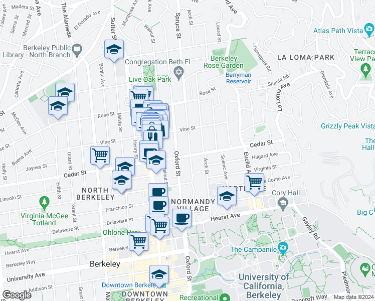 map of restaurants, bars, coffee shops, grocery stores, and more near in Berkeley