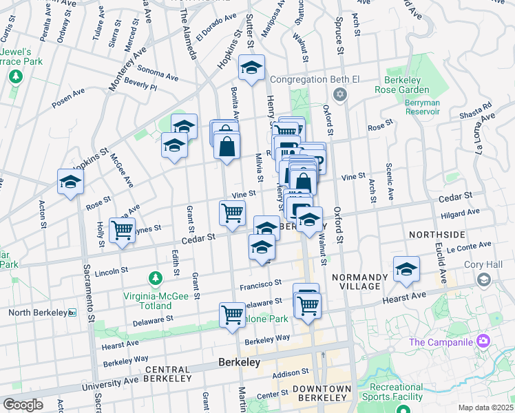 map of restaurants, bars, coffee shops, grocery stores, and more near 1930 Vine Street in Berkeley