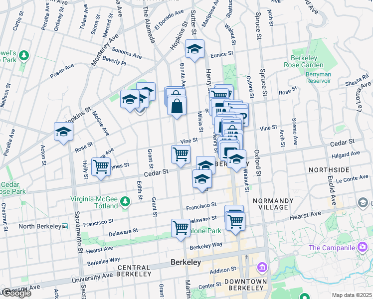 map of restaurants, bars, coffee shops, grocery stores, and more near 1930 Vine Street in Berkeley