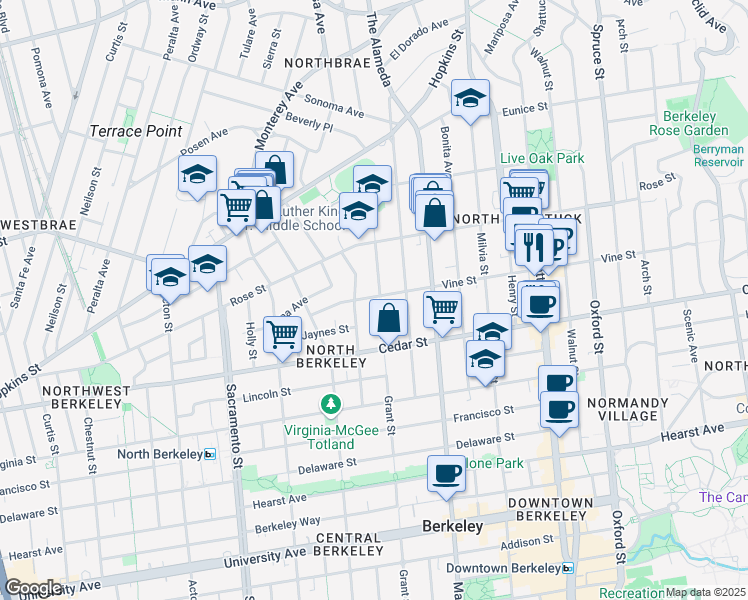 map of restaurants, bars, coffee shops, grocery stores, and more near 1433 Edith Street in Berkeley