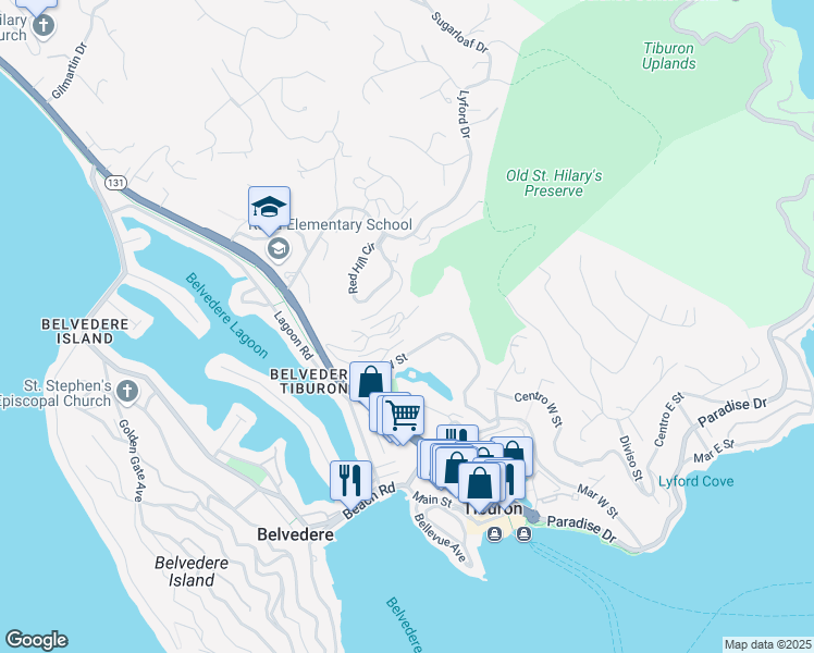 map of restaurants, bars, coffee shops, grocery stores, and more near 36 Harbor Oak Drive in Tiburon