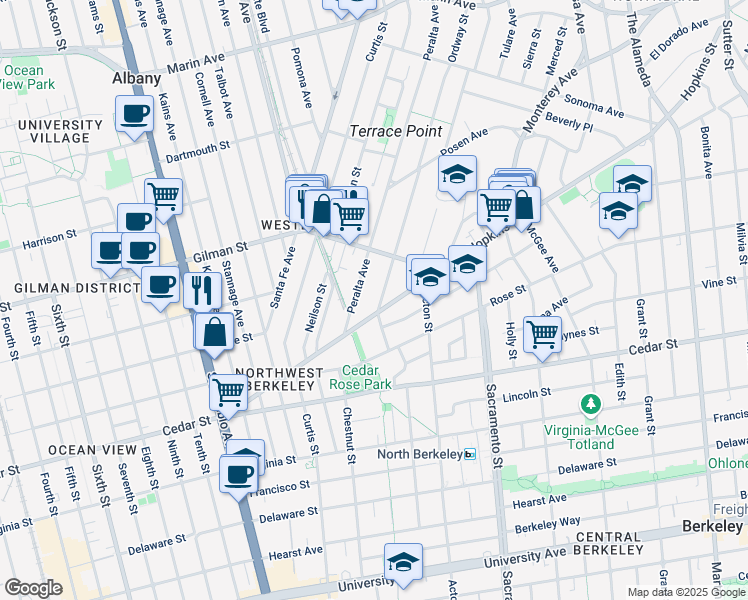 map of restaurants, bars, coffee shops, grocery stores, and more near 1336 Ordway Street in Berkeley