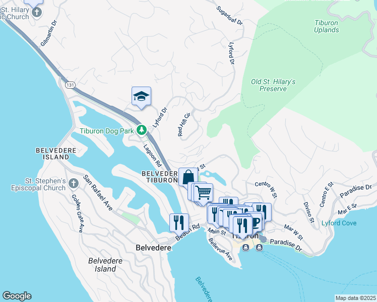 map of restaurants, bars, coffee shops, grocery stores, and more near 35 Corinthian Court in Belvedere Tiburon