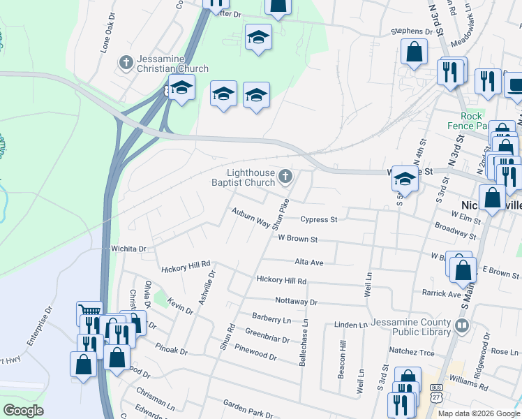 map of restaurants, bars, coffee shops, grocery stores, and more near 132 Courtney Drive in Nicholasville