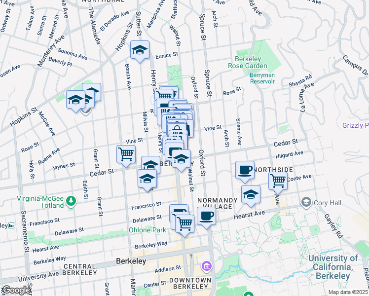 map of restaurants, bars, coffee shops, grocery stores, and more near 1523 Walnut Street in Berkeley