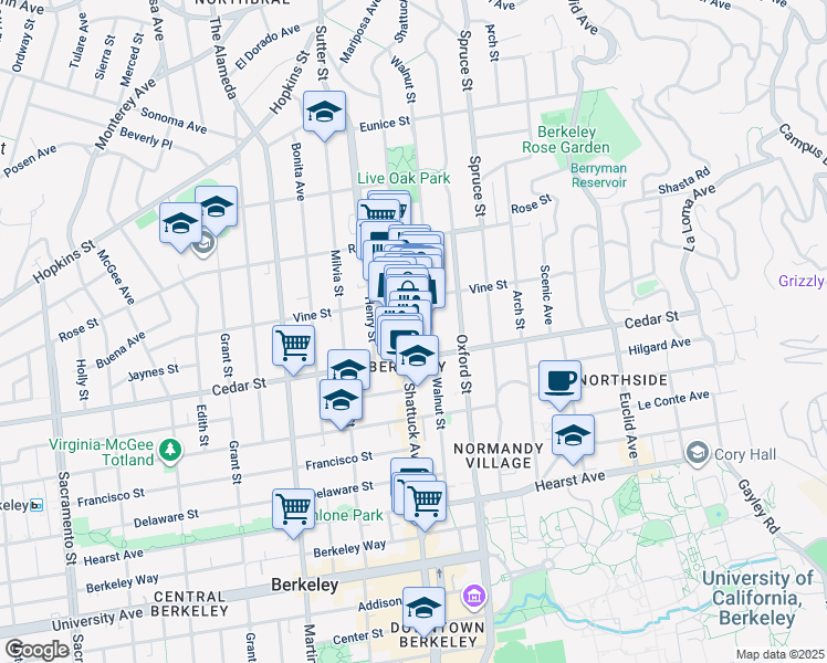 map of restaurants, bars, coffee shops, grocery stores, and more near 1536 Shattuck Avenue in Berkeley
