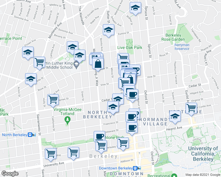 map of restaurants, bars, coffee shops, grocery stores, and more near 1930 Vine Street in Berkeley