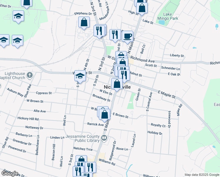 map of restaurants, bars, coffee shops, grocery stores, and more near 201 South 1st Street in Nicholasville