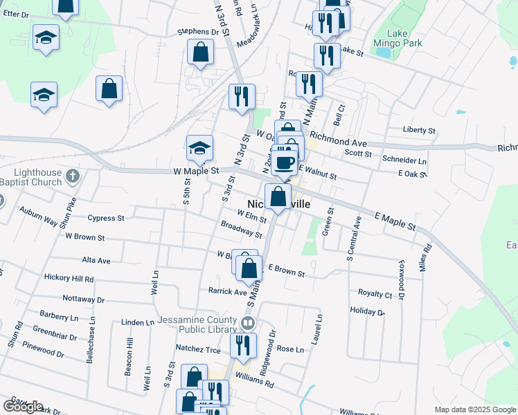 map of restaurants, bars, coffee shops, grocery stores, and more near 201 South 1st Street in Nicholasville