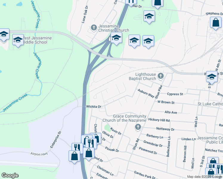 map of restaurants, bars, coffee shops, grocery stores, and more near 102 Wabarto Way in Nicholasville