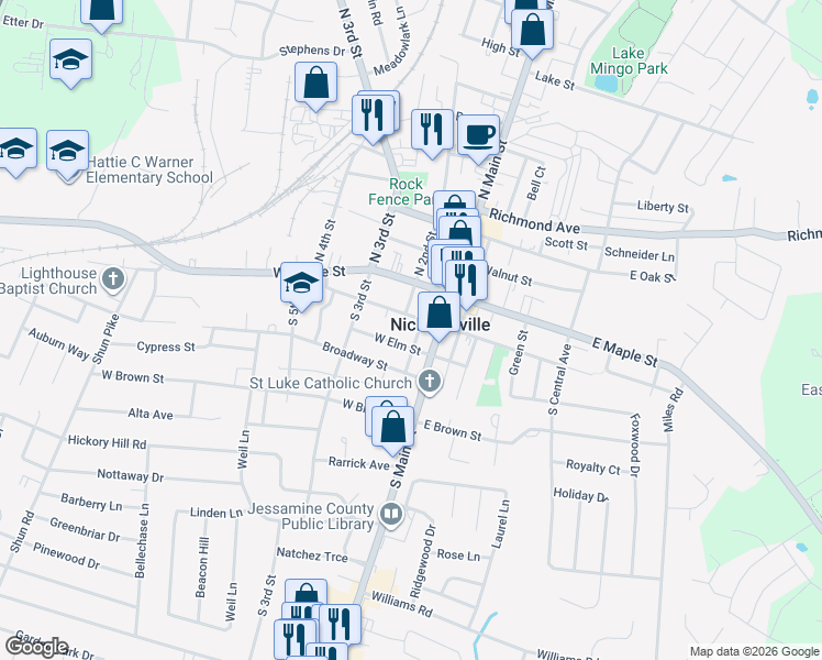 map of restaurants, bars, coffee shops, grocery stores, and more near 201 South 1st Street in Nicholasville