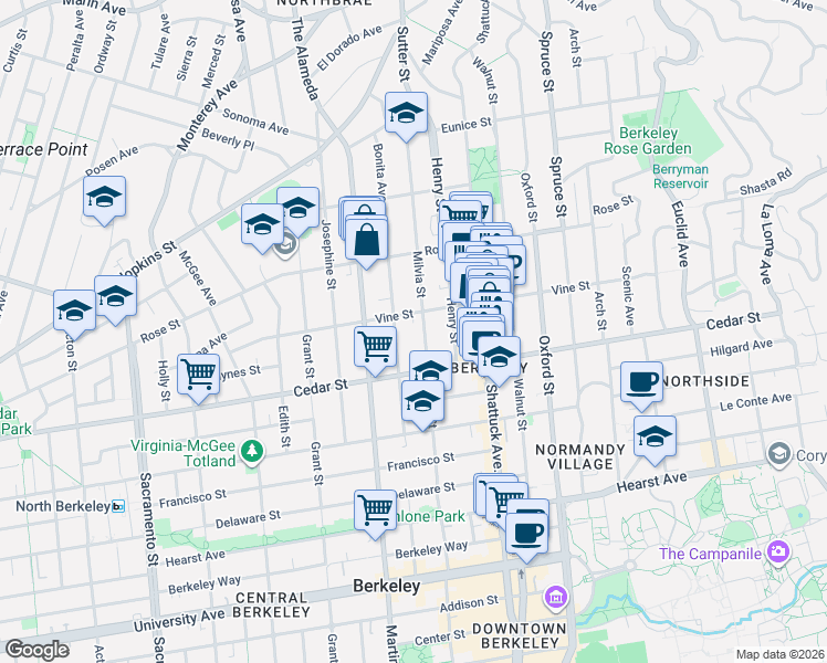map of restaurants, bars, coffee shops, grocery stores, and more near 1528 Milvia Street in Berkeley