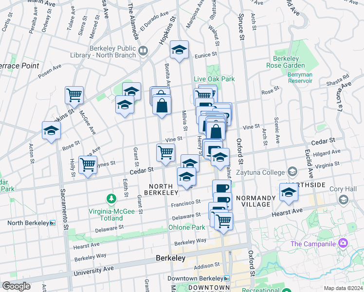 map of restaurants, bars, coffee shops, grocery stores, and more near 1534 Milvia Street in Berkeley