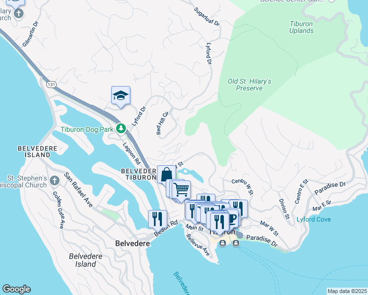 map of restaurants, bars, coffee shops, grocery stores, and more near 36 Harbor Oak Drive in Tiburon