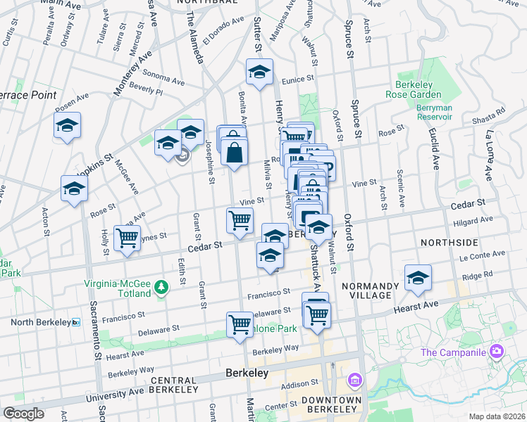 map of restaurants, bars, coffee shops, grocery stores, and more near 1532 Milvia Street in Berkeley