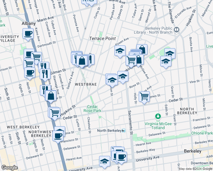 map of restaurants, bars, coffee shops, grocery stores, and more near 1364 Hopkins Street in Berkeley