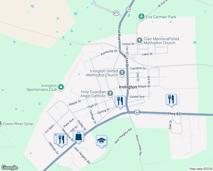 map of restaurants, bars, coffee shops, grocery stores, and more near 110 Pearl Street in Irvington