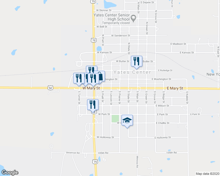 map of restaurants, bars, coffee shops, grocery stores, and more near 411 West Mary Street in Yates Center