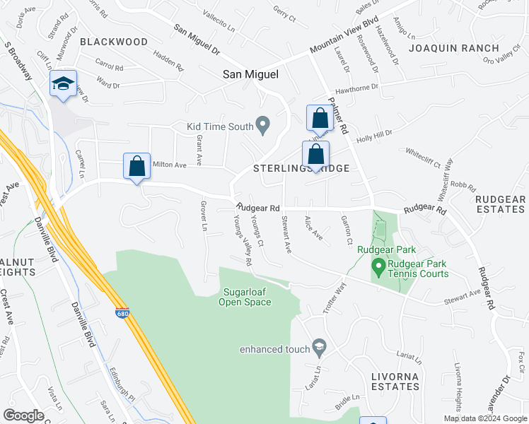 map of restaurants, bars, coffee shops, grocery stores, and more near 1287 Rudgear Road in Walnut Creek