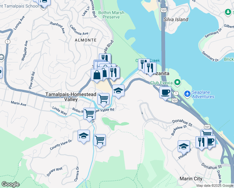 map of restaurants, bars, coffee shops, grocery stores, and more near 200 Tennessee Valley Road in Mill Valley