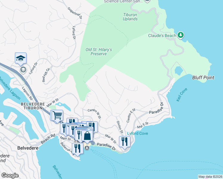 map of restaurants, bars, coffee shops, grocery stores, and more near 1868 Mountain View Drive in Tiburon