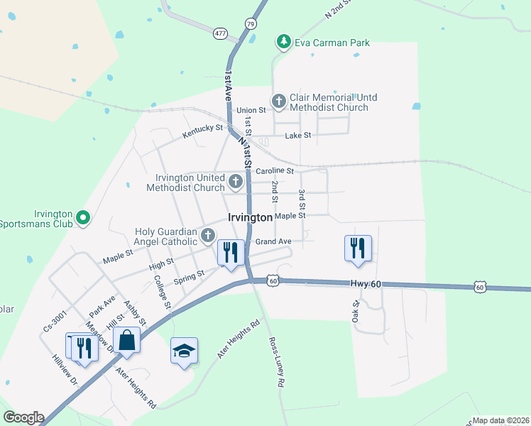 map of restaurants, bars, coffee shops, grocery stores, and more near 109 Maple Street in Irvington