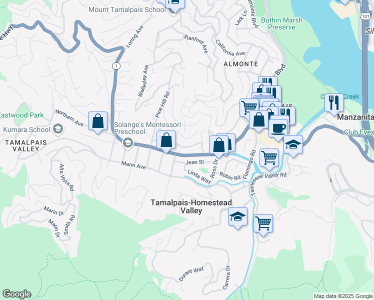 map of restaurants, bars, coffee shops, grocery stores, and more near 357 Woodside Ave in Mill Valley