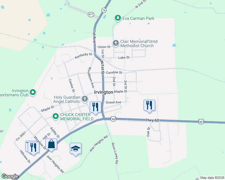 map of restaurants, bars, coffee shops, grocery stores, and more near 109 Maple Street in Irvington