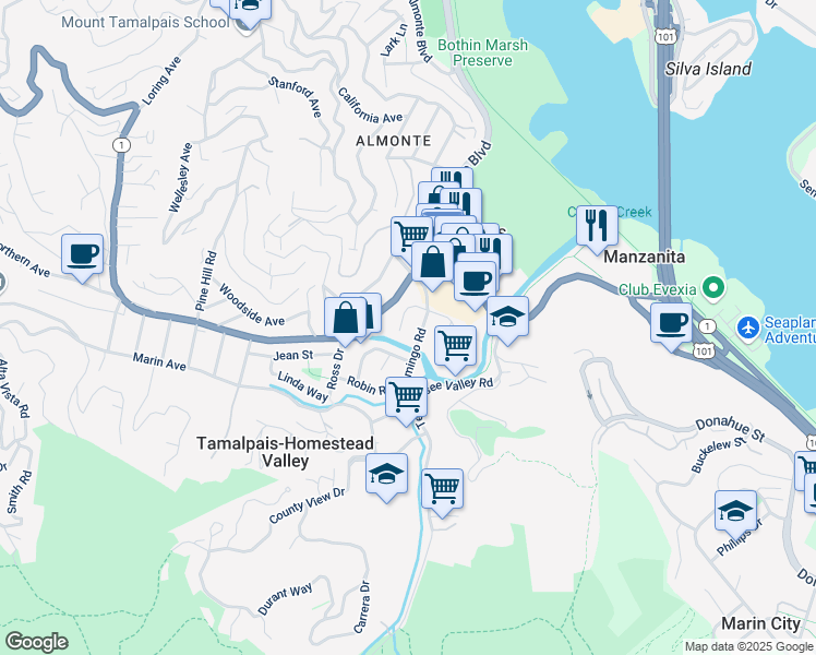 map of restaurants, bars, coffee shops, grocery stores, and more near 331 Cardinal Court in Mill Valley