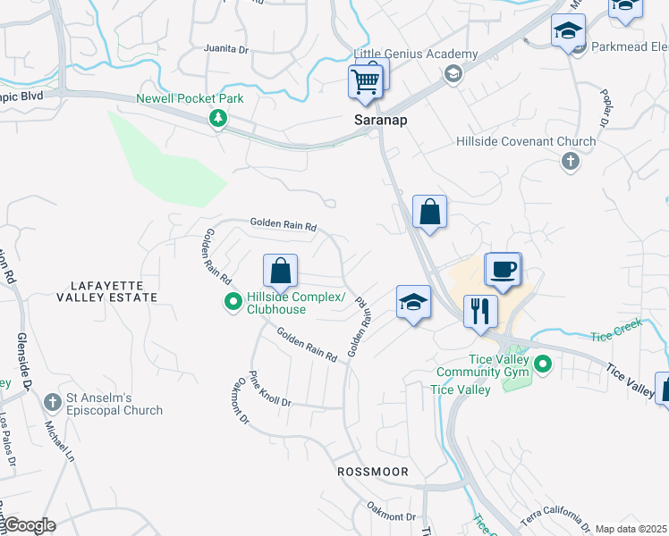 map of restaurants, bars, coffee shops, grocery stores, and more near 2425 Golden Rain Road in Walnut Creek