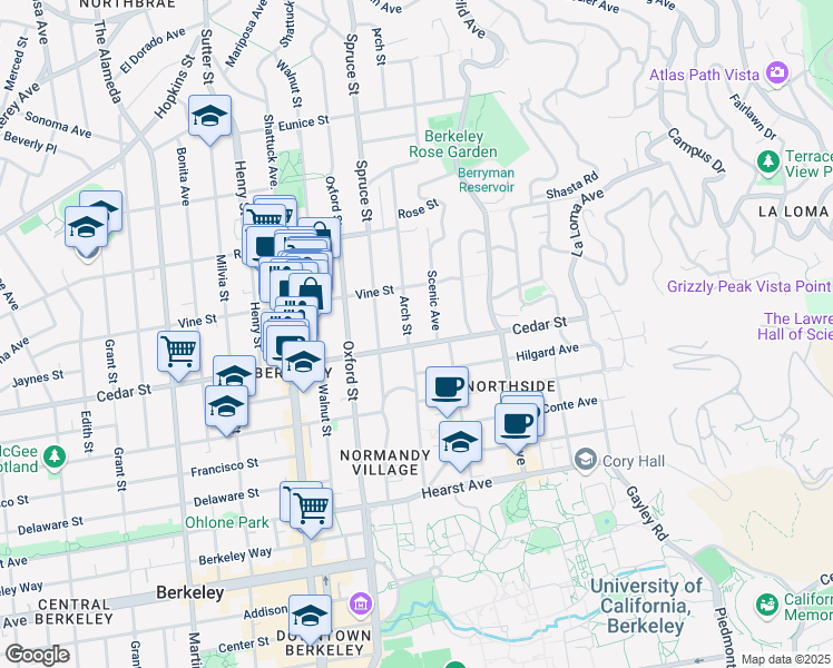 map of restaurants, bars, coffee shops, grocery stores, and more near 1532 Arch Street in Berkeley