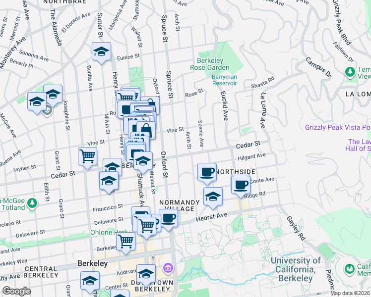 map of restaurants, bars, coffee shops, grocery stores, and more near 1532 Arch Street in Berkeley