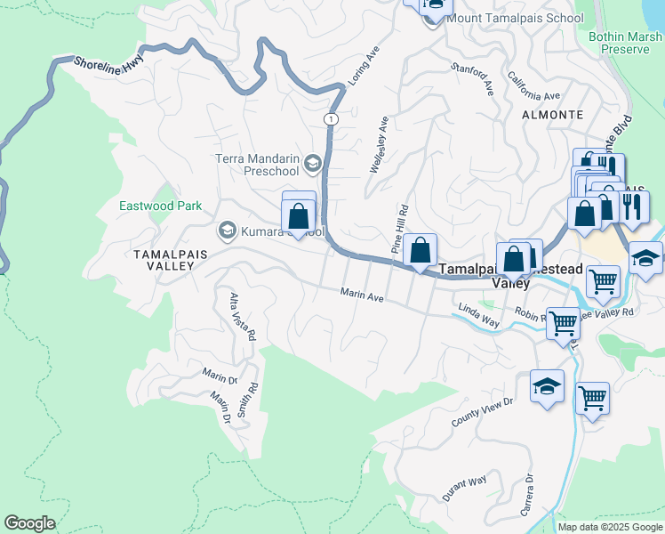 map of restaurants, bars, coffee shops, grocery stores, and more near 409 Maple Street in Mill Valley